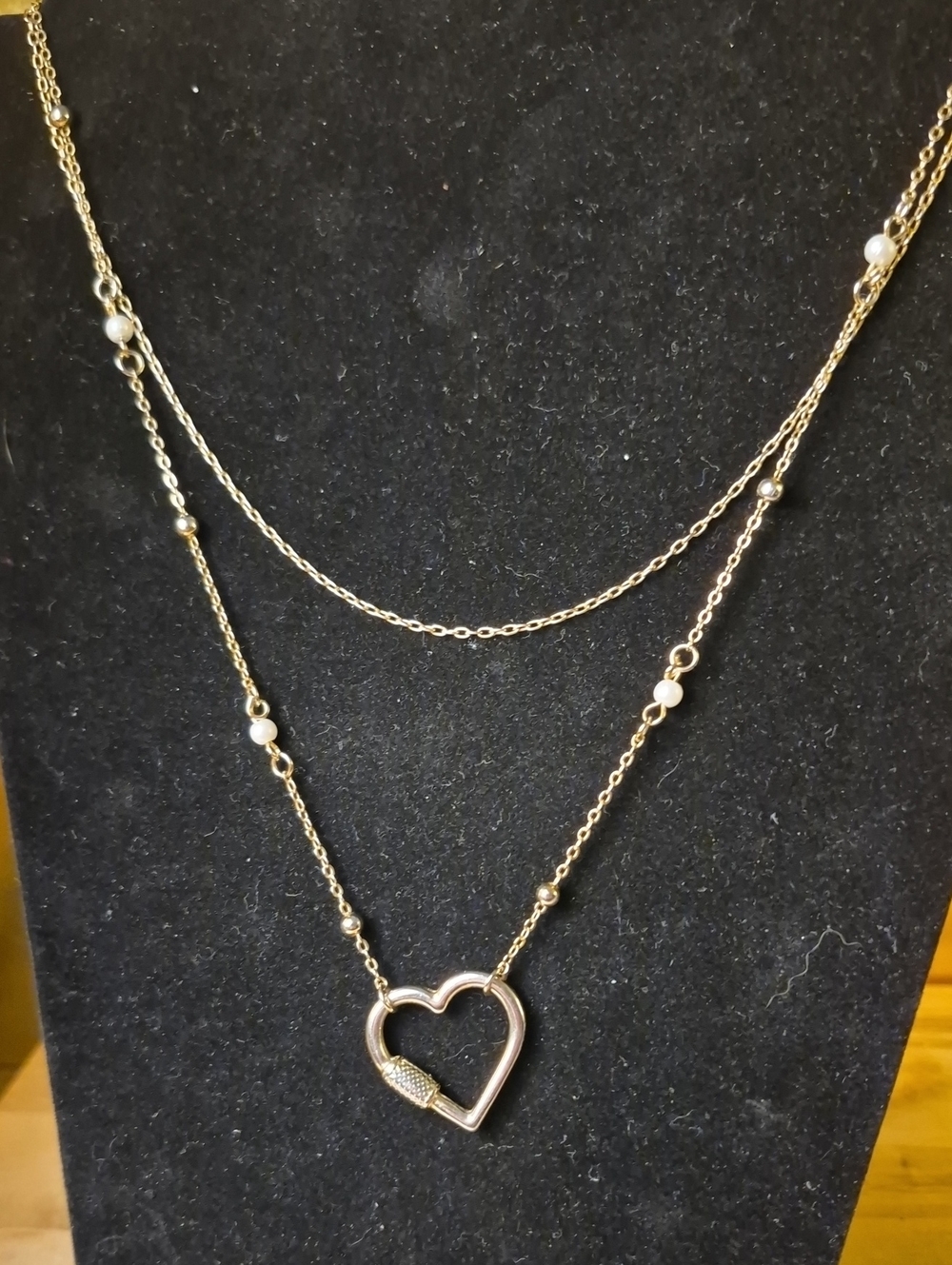 Chico's Gold Heart Layered Necklace with Cream Bead Accents